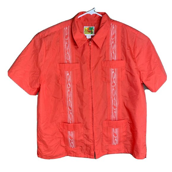 The Genuine Haband Men's Guayabera Shirt Large Orange Zip Up Embroidered Pockets - Picture 1 of 6